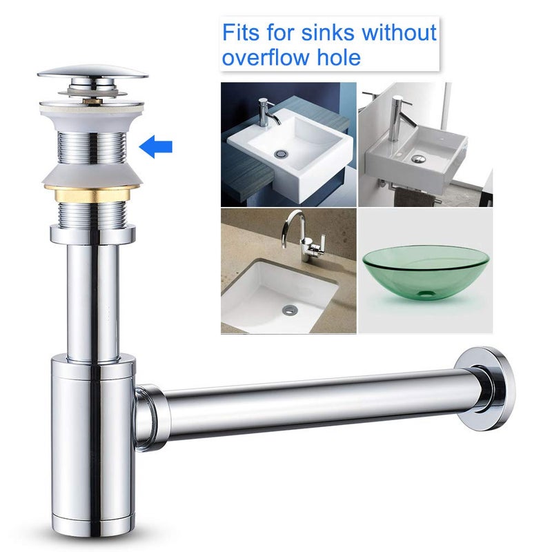 MENATT Round P-Trap Waste Pipe Kit Assembly, Bottle Trap Deodorant Type with 1 1/4" Pop-up Drain Stopper without overflow, Bathroom Sink Siphon Drainer Plumbing Tube Chrome Finished - Image 3